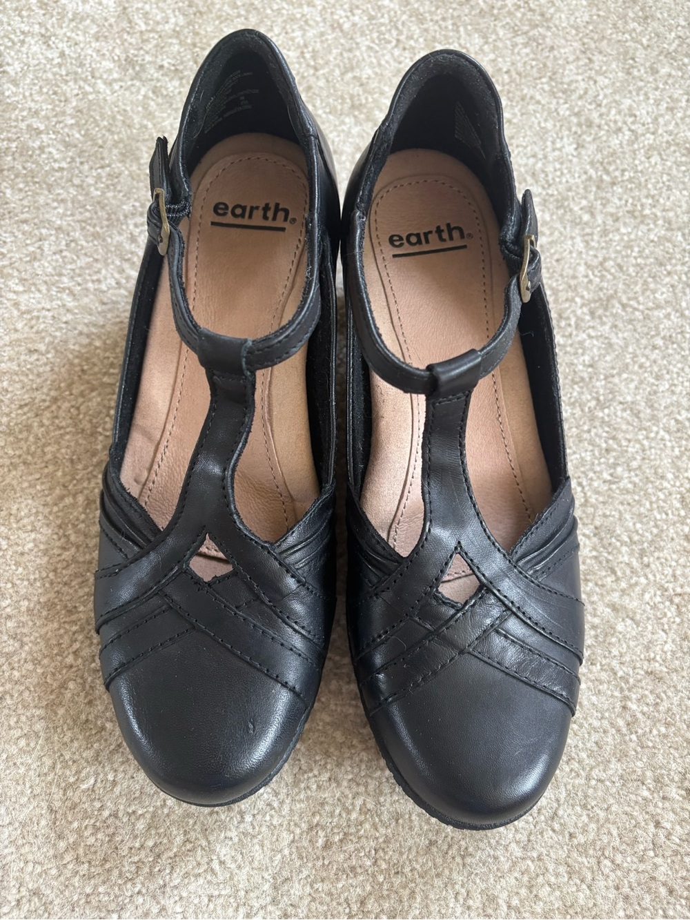 Earth Black T-Strap Leather Heels